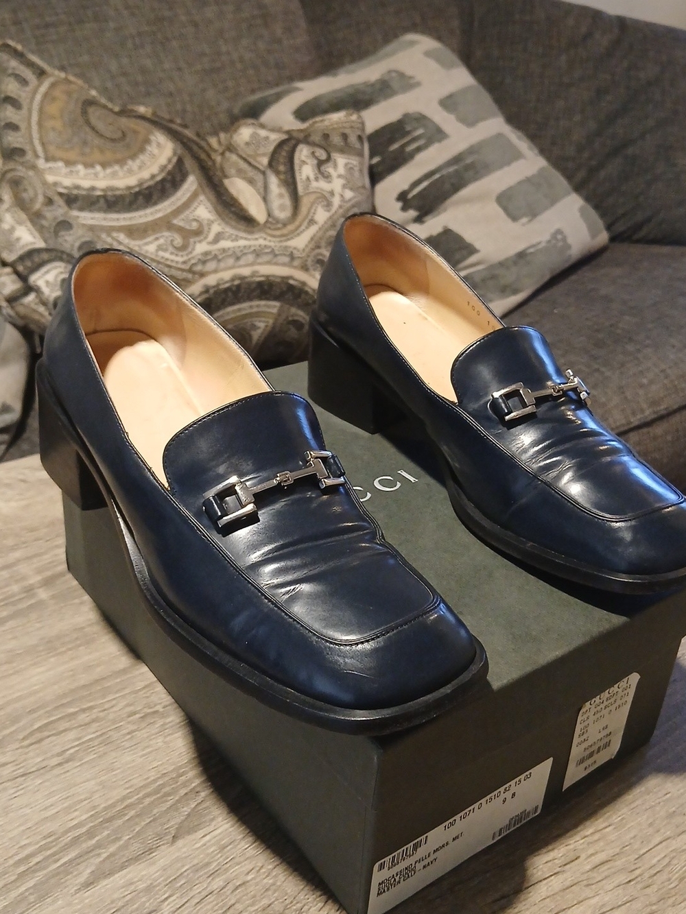 Gucci Navy Leather Horsebit Slip-On Heeled Loafers w/ Box - Sz 9B